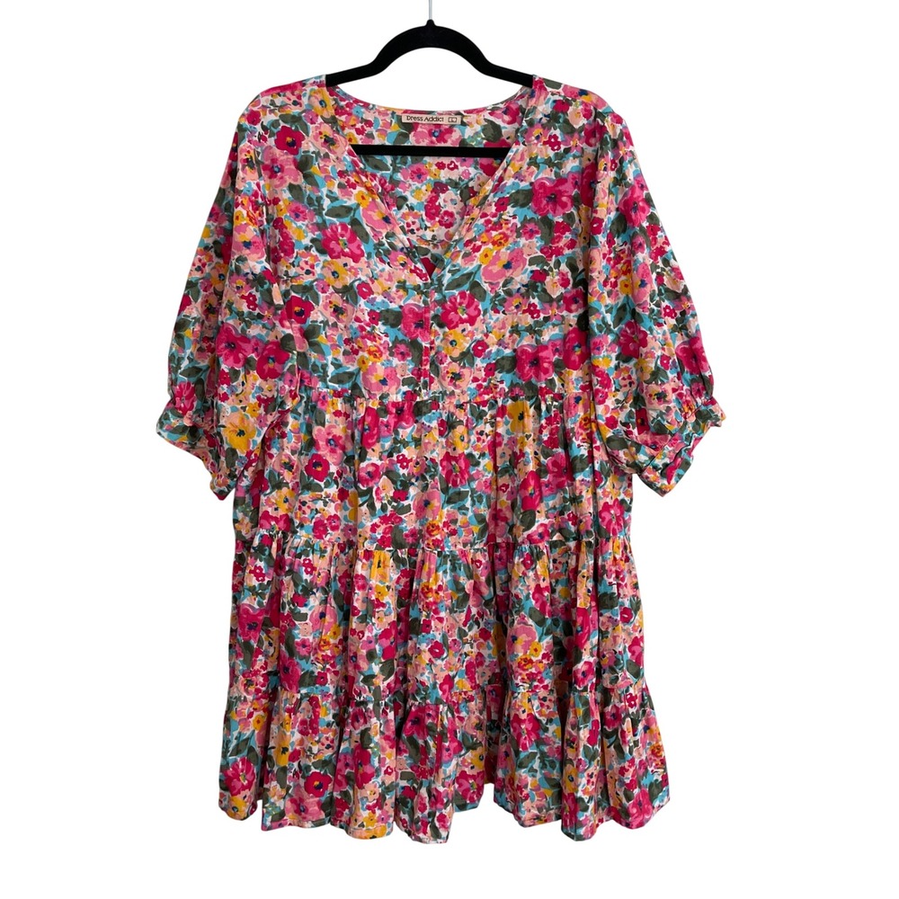 Dress Addict Floral Tiered Mini Dress Pink Blue Yellow Cotton V-Neck Large